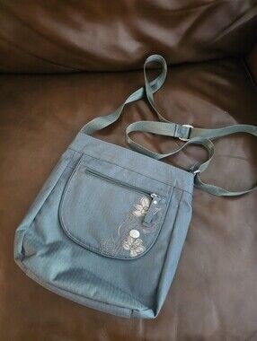 Haiku Denim Blue Crossbody Bag with White Floral Embroidery